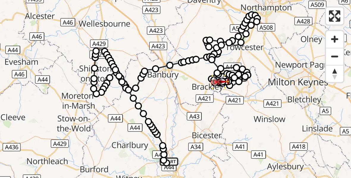 Flight route Air Ambulance Helicopter London Oxford Airport - Turweston Aerodrome, 06 October 2026, 09:45