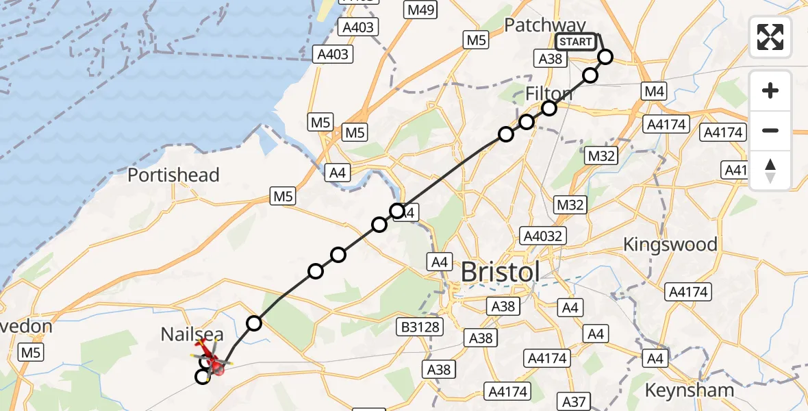 Flight route Air Ambulance Helicopter Bristol - Backwell, 06 October 2026, 09:55