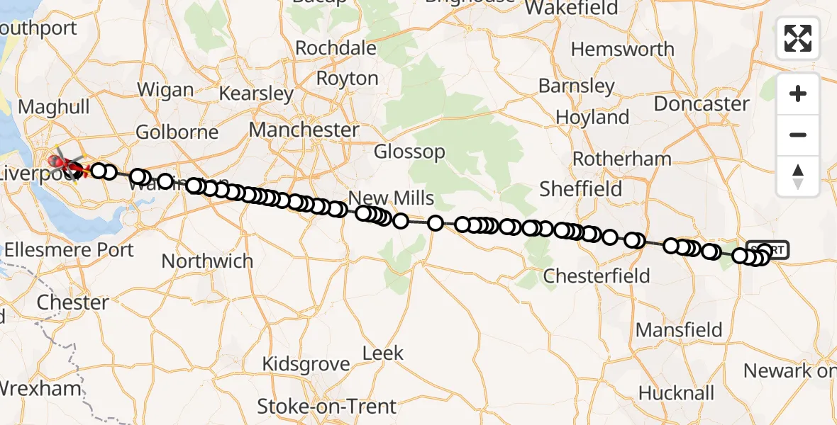Flight route Air Ambulance Helicopter Retford Gamston Airport - Knotty Ash, 06 October 2026, 09:57