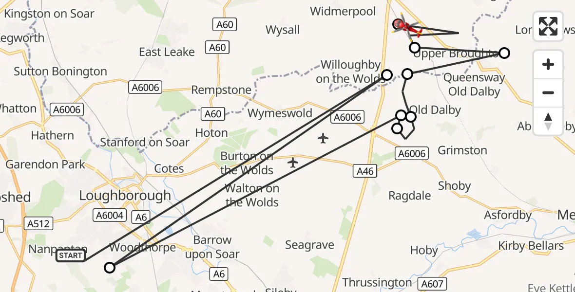 Flight route Air Ambulance Helicopter Nanpantan - Hickling, 06 October 2026, 10:16