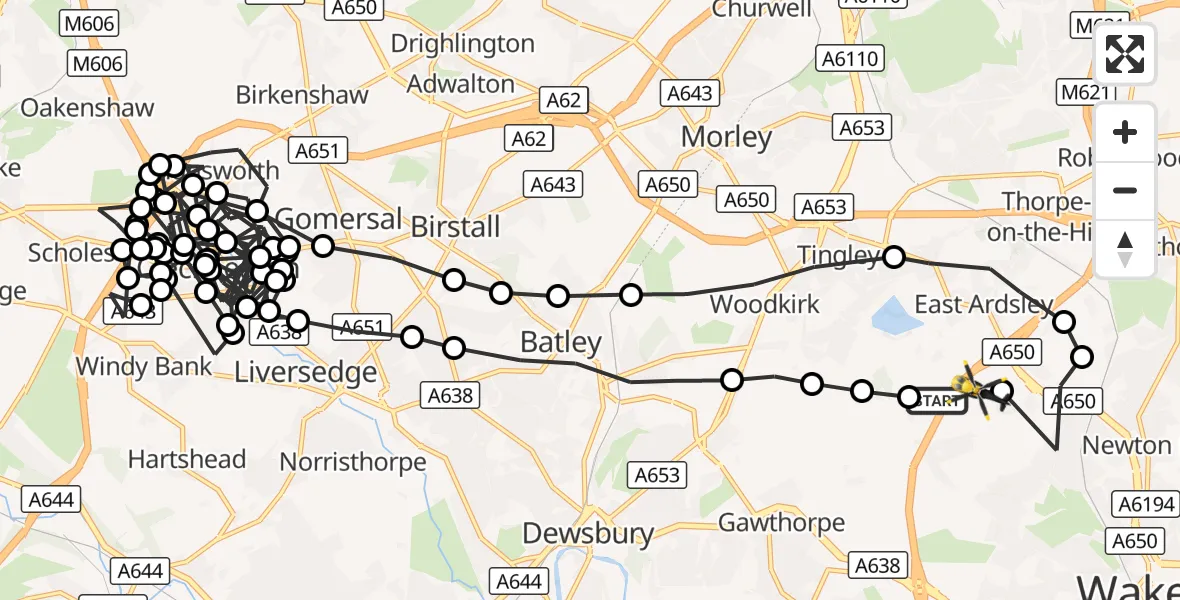 Flight route Police Helicopter East Ardsley - East Ardsley, 06 October 2026, 10:17