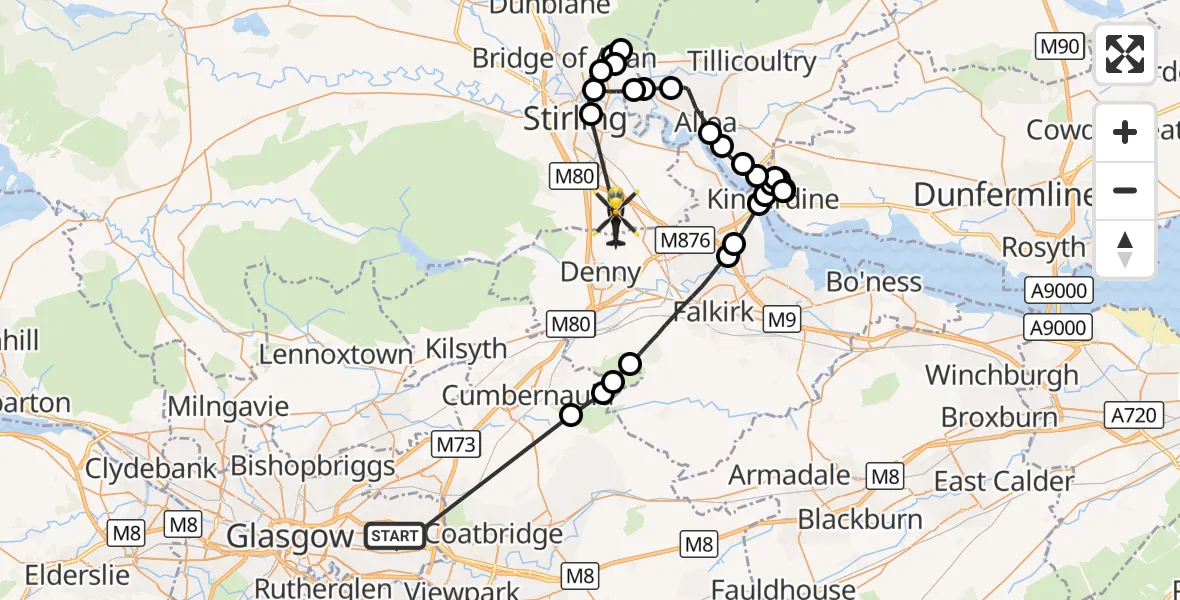 Flight route Police Helicopter Glasgow - Plean, 06 October 2026, 10:18