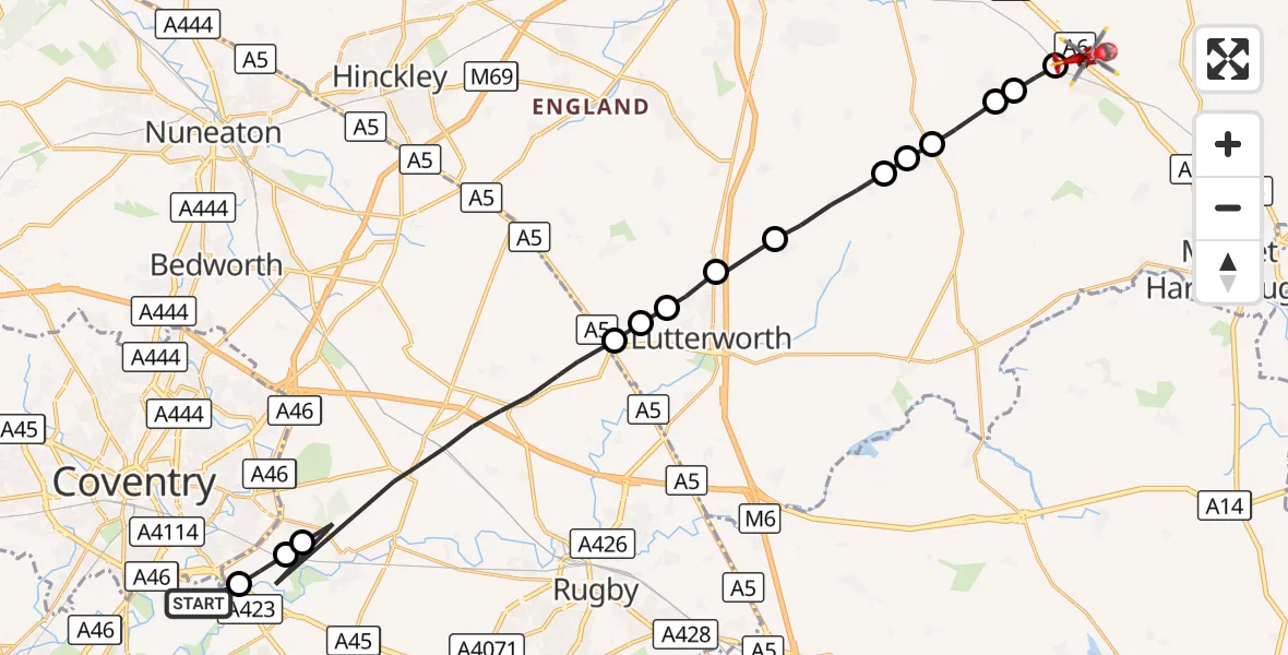 Flight route Air Ambulance Helicopter Coventry Airport - Kibworth Harcourt, 06 October 2026, 10:26