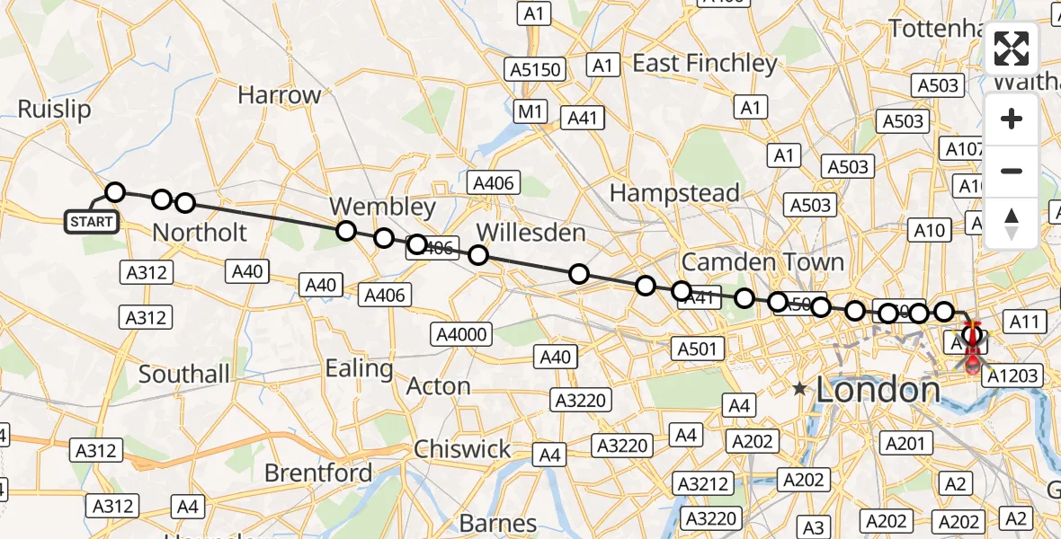 Flight route Air Ambulance Helicopter RAF Northolt - Royal London Hospital, 06 October 2026, 10:31