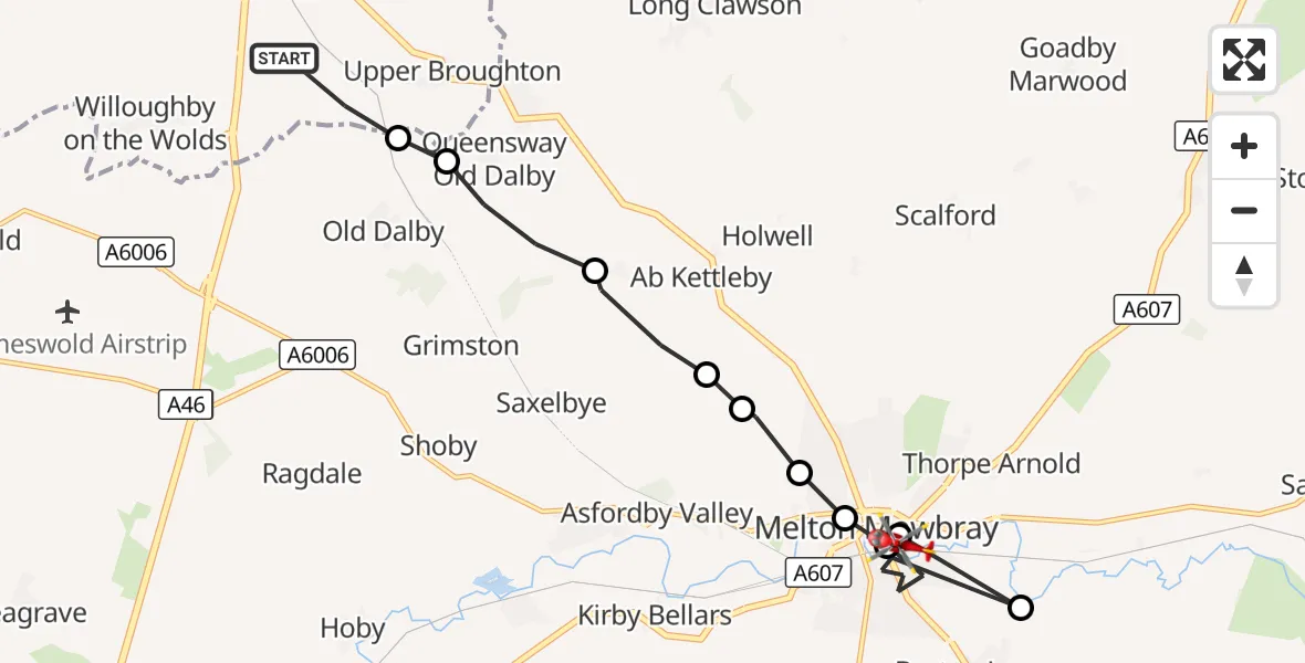 Flight route Air Ambulance Helicopter Rushcliffe - Melton Mowbray, 06 October 2026, 10:42