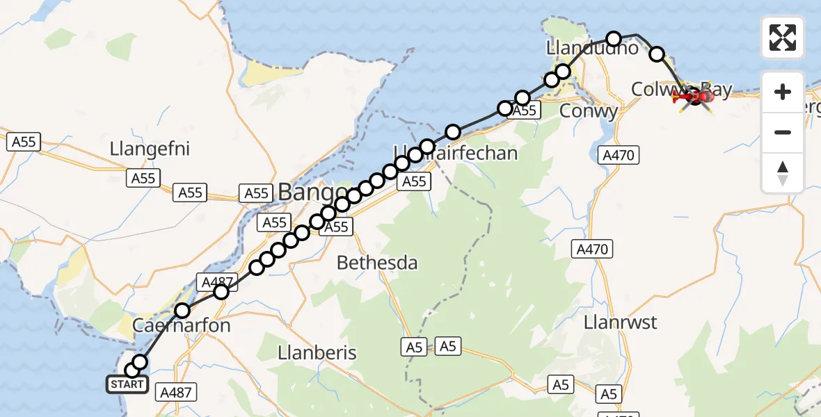 Flight route Air Ambulance Helicopter Caernarfon Airport - Colwyn Bay, 06 October 2026, 10:44