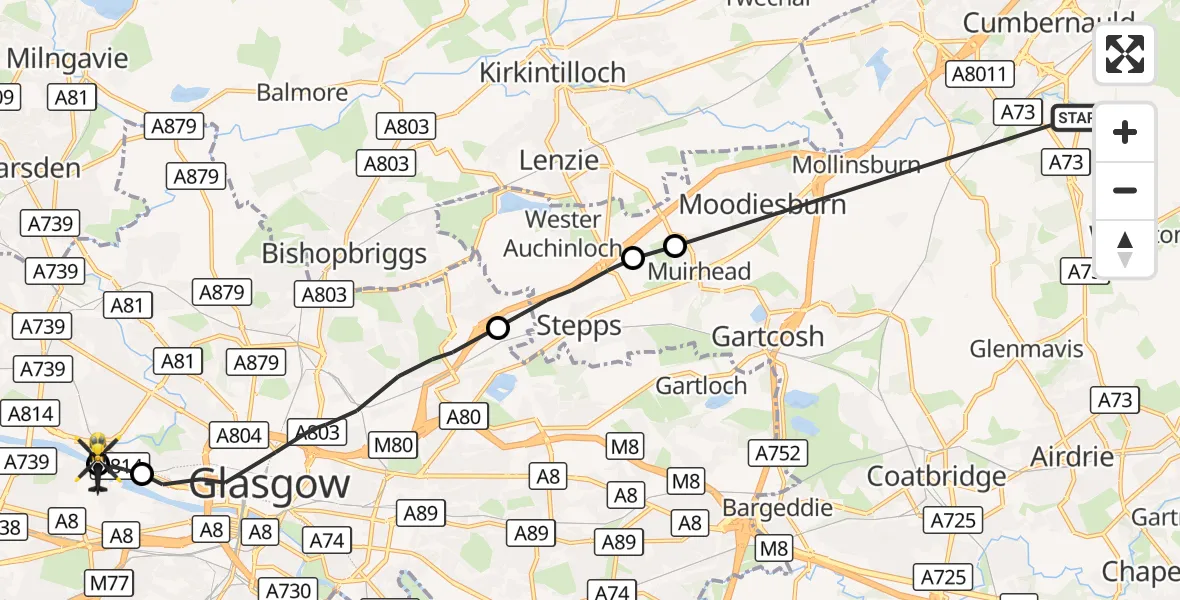 Flight route Police Helicopter Glenhove - Glasgow, 06 October 2026, 10:48