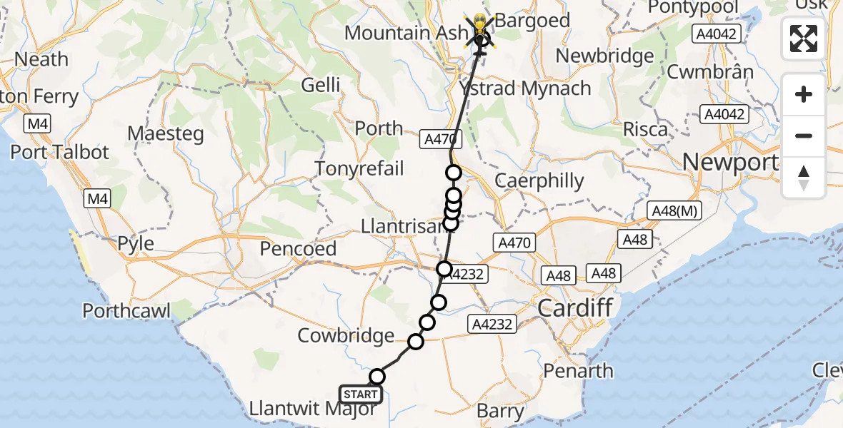 Flight route Police Helicopter St Mary Church - Trelewis, 06 October 2026, 10:55