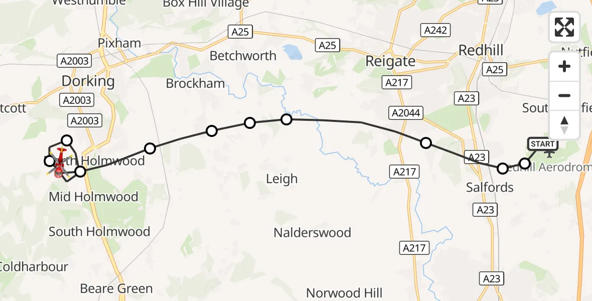 Flight route Air Ambulance Helicopter Redhill Aerodrome - Dorking, 06 October 2026, 11:11