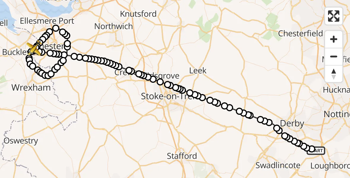Flight route Police Aircraft East Midlands Airport - Hawarden Airport, 06 October 2026, 11:21