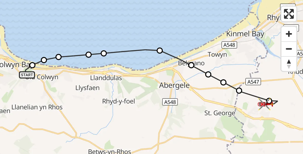 Flight route Air Ambulance Helicopter Colwyn Bay - Rhyl, 06 October 2026, 11:32