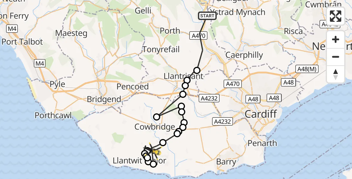 Flight route Police Helicopter Pontypridd - Eglwys Brewis, 06 October 2026, 11:33