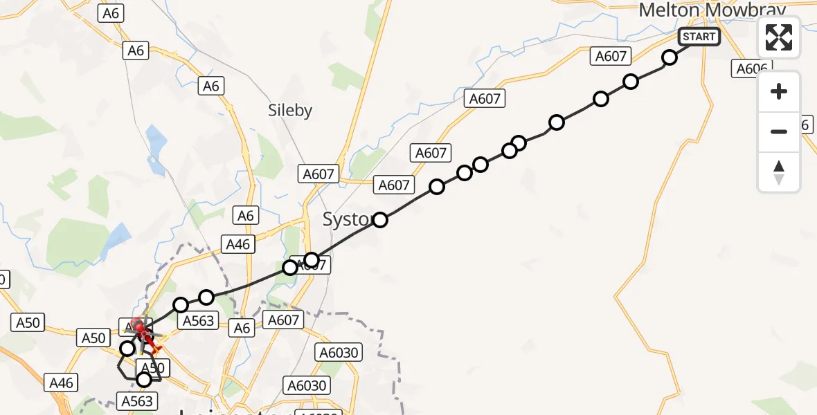 Flight route Air Ambulance Helicopter Melton Mowbray - Bradgate Heights, 06 October 2026, 11:46