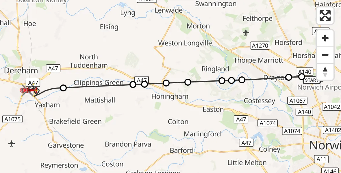 Flight route Air Ambulance Helicopter Norwich Airport - Dereham, 06 October 2026, 11:47