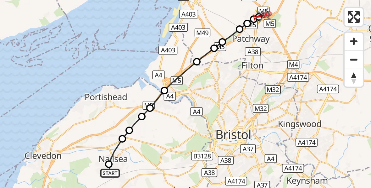 Flight route Air Ambulance Helicopter Bristol - Almondsbury Helicopter Base, 06 October 2026, 11:47