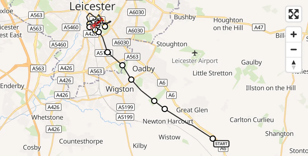 Flight route Air Ambulance Helicopter Kibworth Harcourt - Bede Island, 06 October 2026, 11:50