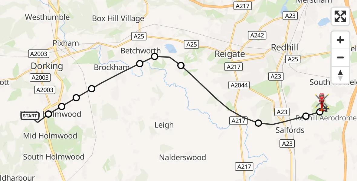 Flight route Air Ambulance Helicopter Dorking - Redhill Aerodrome, 06 October 2026, 11:57