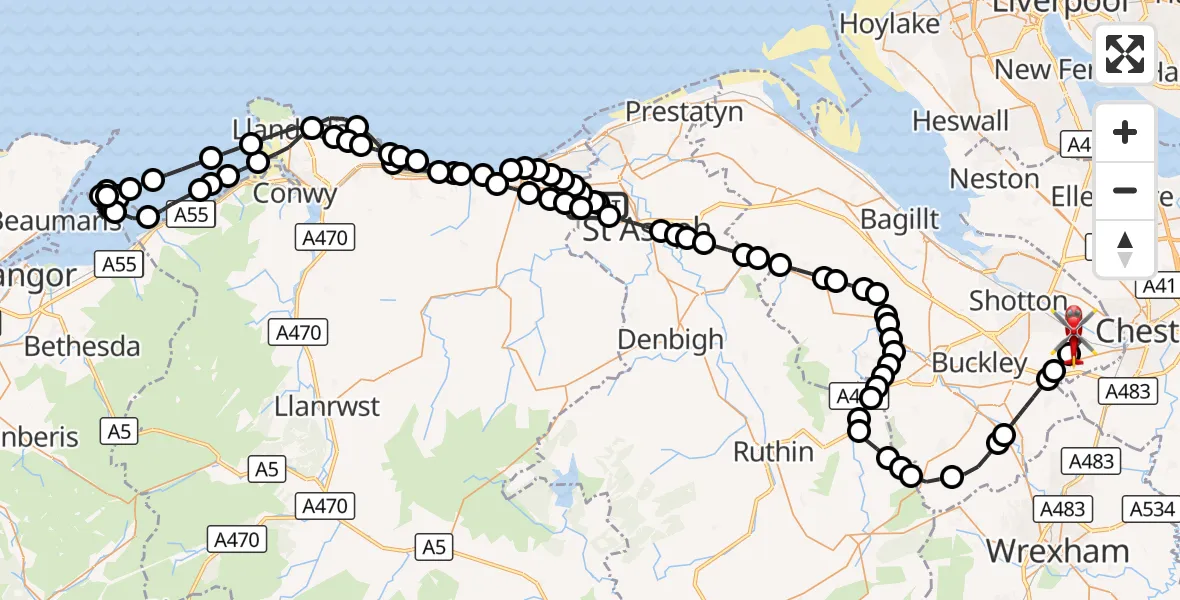 Flight route Air Ambulance Helicopter Ysbyty Glan Clywd Hospital Heliport - Hawarden Airport, 06 October 2026, 12:21