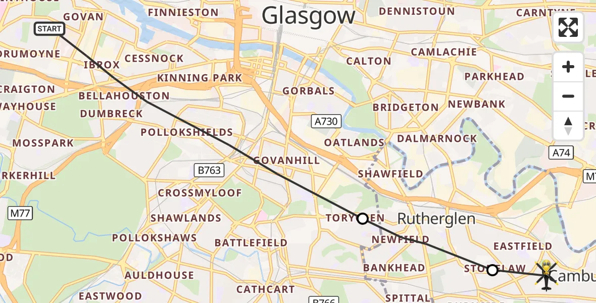 Flight route Police Helicopter Glasgow - Cambuslang, 06 October 2026, 12:41