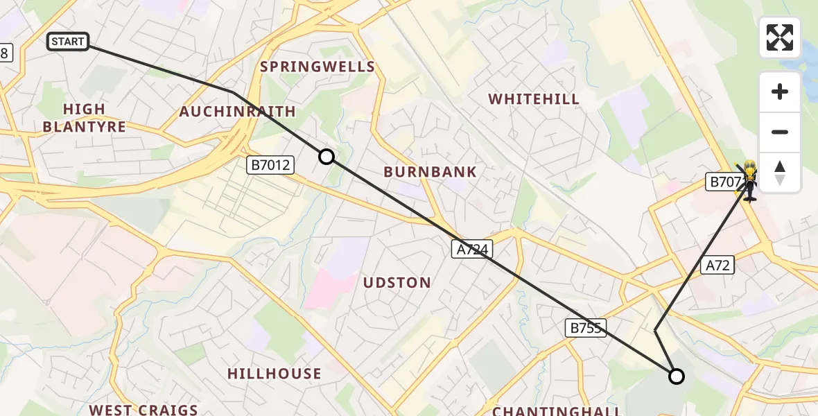 Flight route Police Helicopter Blantyre - Hamilton, 06 October 2026, 12:46