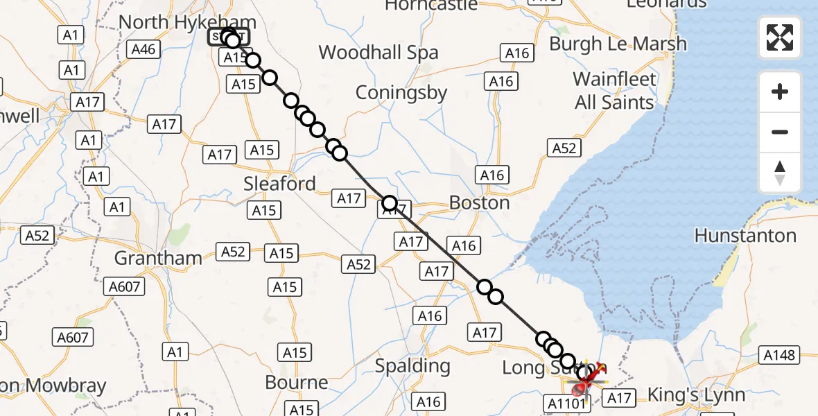 Flight route Air Ambulance Helicopter RAF Waddington - Sutton Bridge, 06 October 2026, 12:46