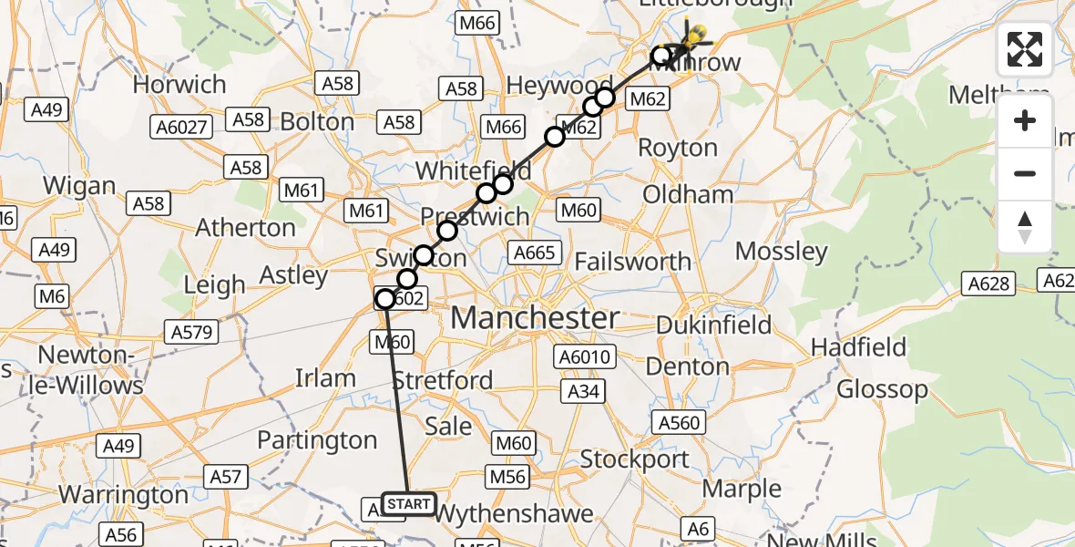 Flight route Police Helicopter Altrincham - Milnrow, 06 October 2026, 12:46