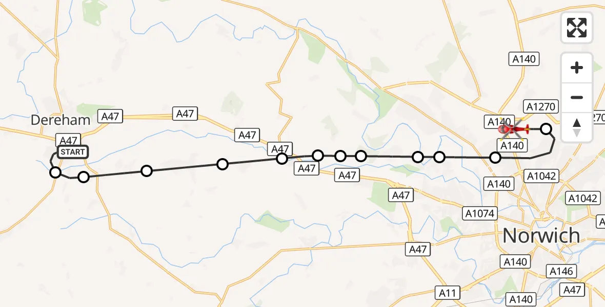 Flight route Air Ambulance Helicopter Dereham - Norwich Airport, 06 October 2026, 12:52