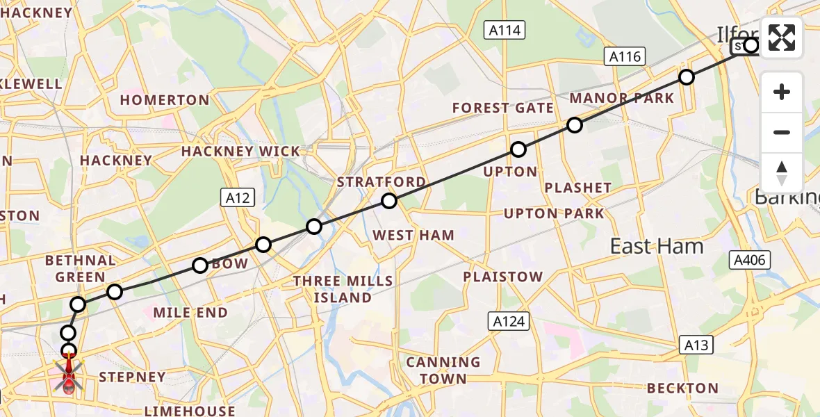Flight route Air Ambulance Helicopter Ilford - Royal London Hospital, 06 October 2026, 12:55