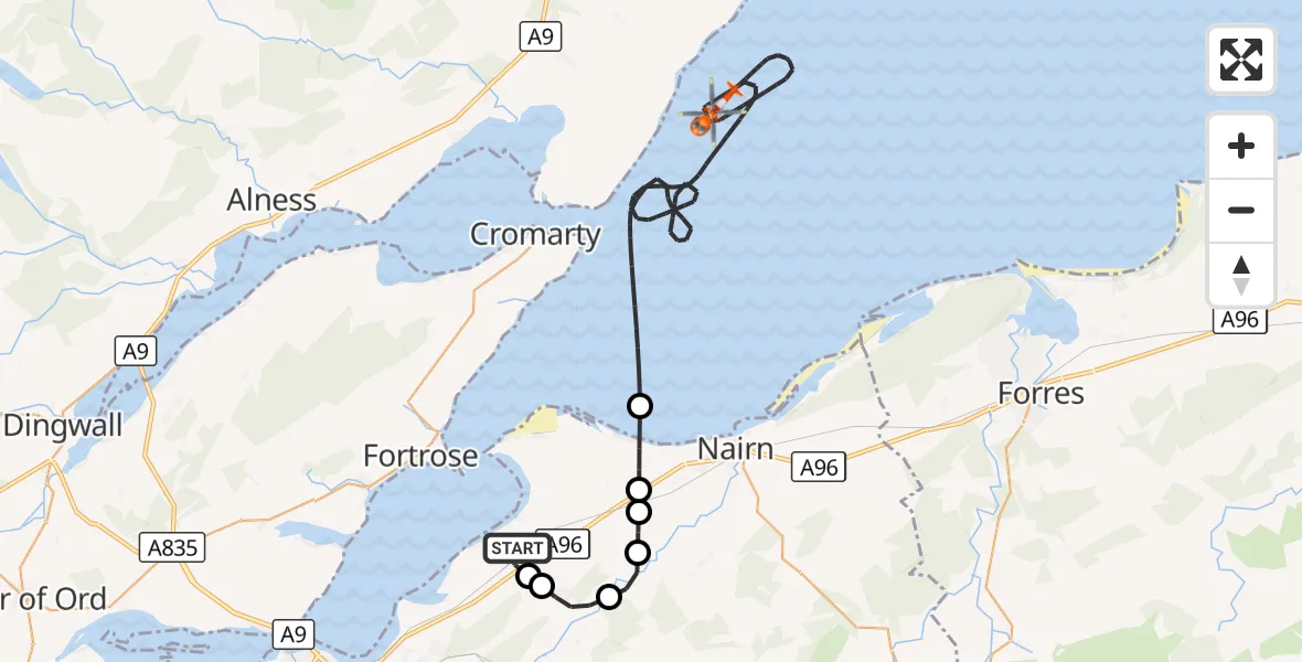 Flight route Coastguard Helicopter Inverness Airport - North Sea, 06 October 2026, 13:01