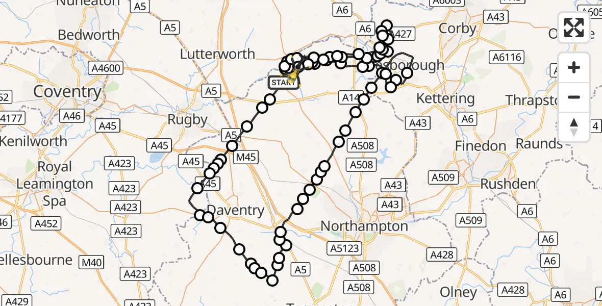 Flight route Police Helicopter Welford - Harborough, 06 October 2026, 13:07