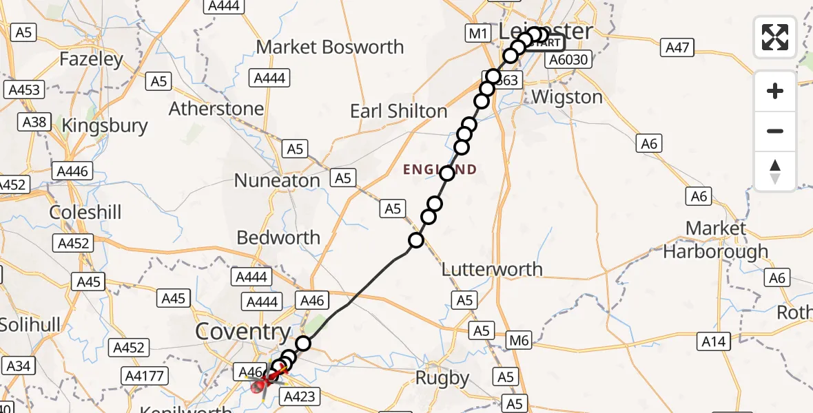 Flight route Air Ambulance Helicopter Bede Island - Coventry Airport, 06 October 2026, 13:07