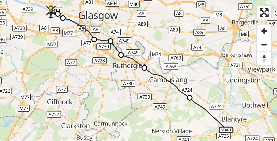 Flight route Police Helicopter Blantyre - Glasgow, 06 October 2026, 13:08