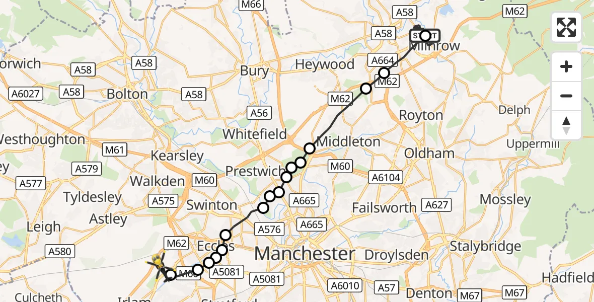 Flight route Police Helicopter Milnrow - Manchester Barton Aerodrome, 06 October 2026, 13:11