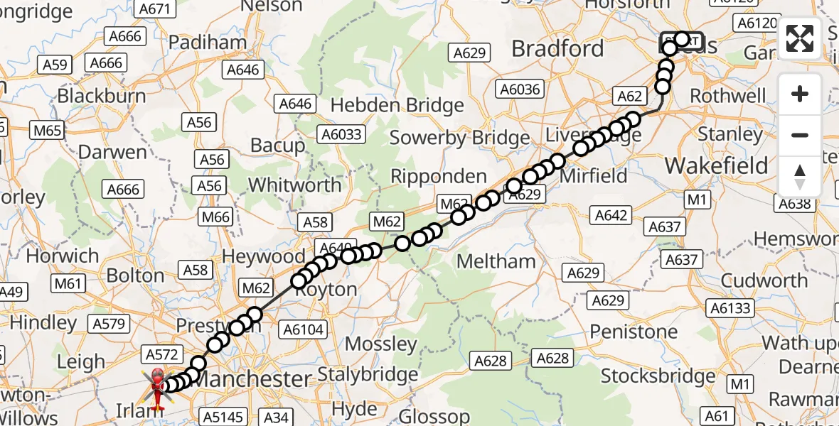 Flight route Air Ambulance Helicopter Woodhouse - Manchester Barton Aerodrome, 06 October 2026, 13:17