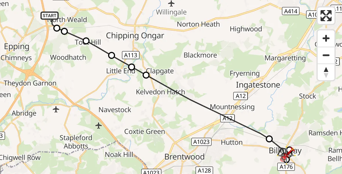 Flight route Air Ambulance Helicopter North Weald Airfield - Billericay, 06 October 2026, 13:22