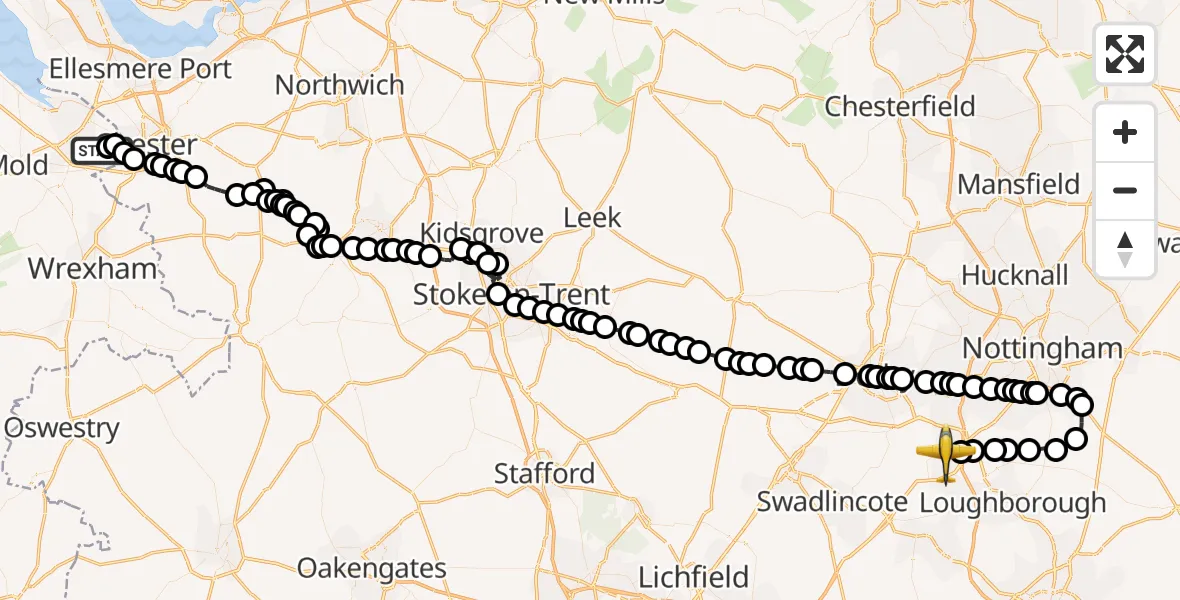 Flight route Police Aircraft Hawarden Airport - East Midlands Airport, 06 October 2026, 13:30