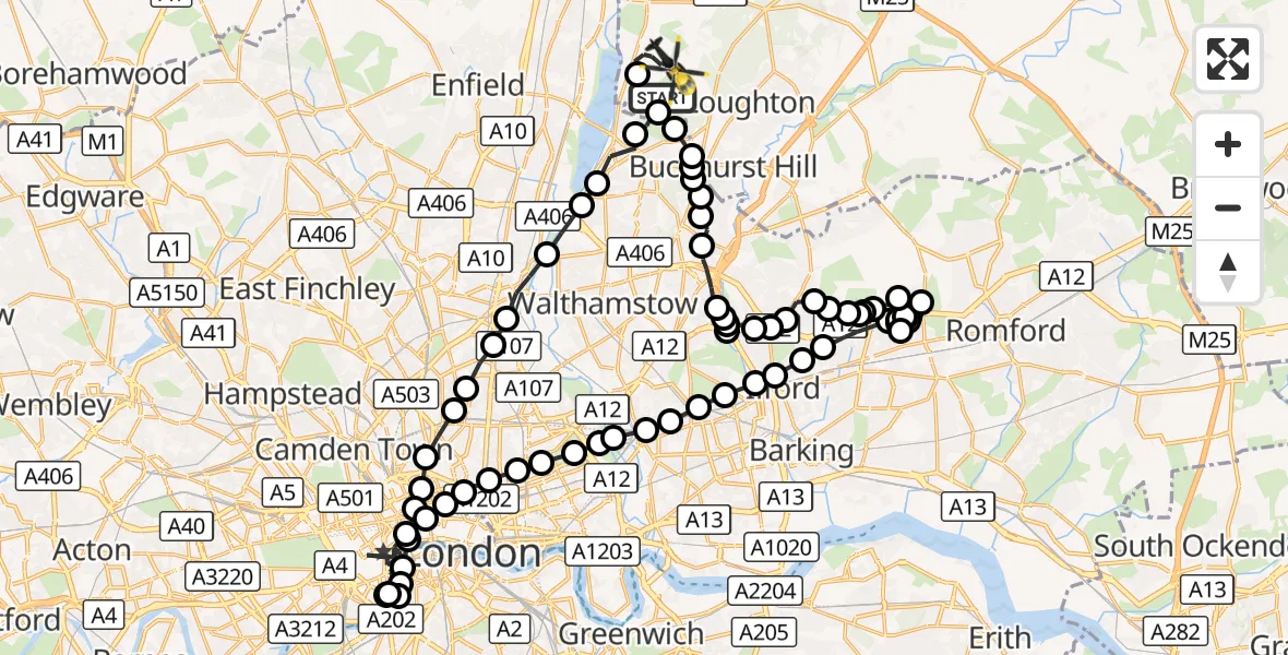 Flight route Police Helicopter Sewardstonebury - Sewardstonebury, 06 October 2026, 13:31