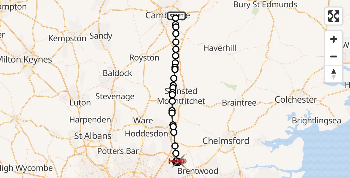 Flight route Air Ambulance Helicopter Cambridge City Airport - Stapleford Tawney, 06 October 2026, 13:36