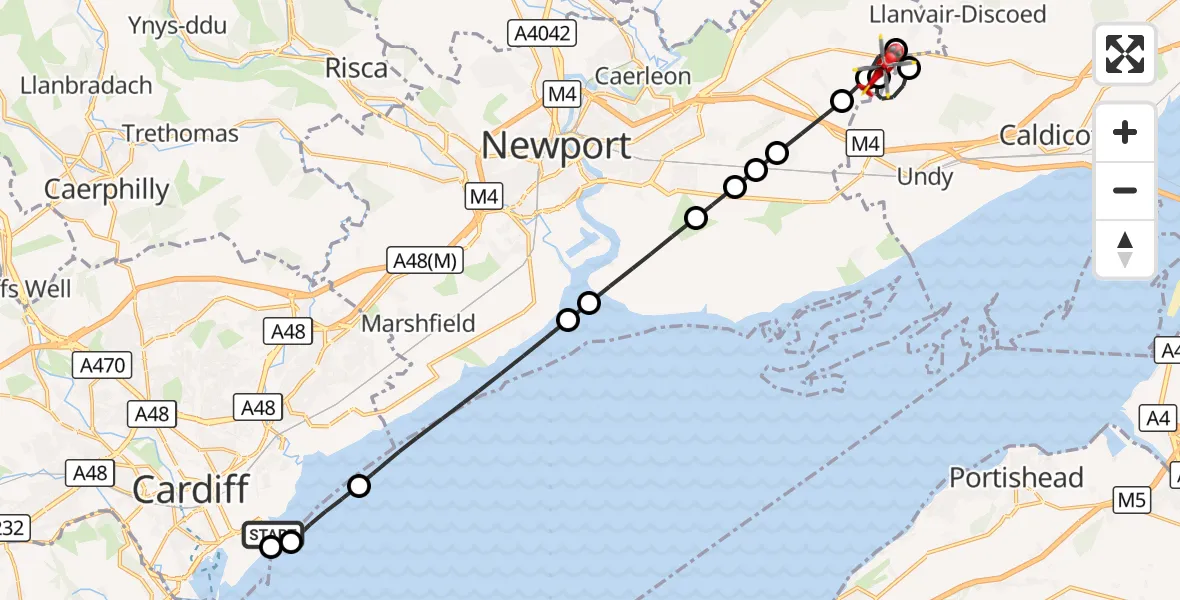 Flight route Air Ambulance Helicopter Cardiff Heliport - Parc Seymour, 06 October 2026, 13:39
