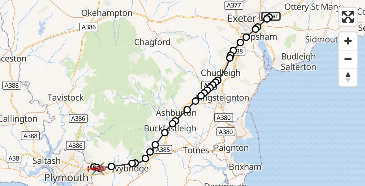 Flight route Air Ambulance Helicopter Exeter International Airport - Plympton, 06 October 2026, 13:46