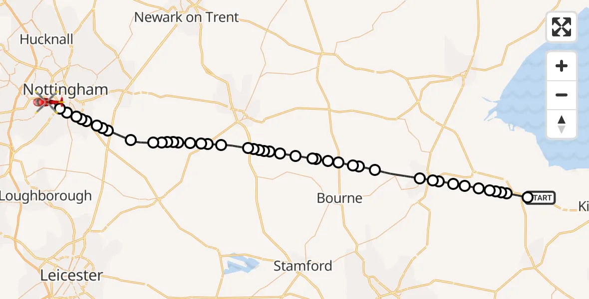 Flight route Air Ambulance Helicopter Sutton Bridge - City of Nottingham, 06 October 2026, 14:05