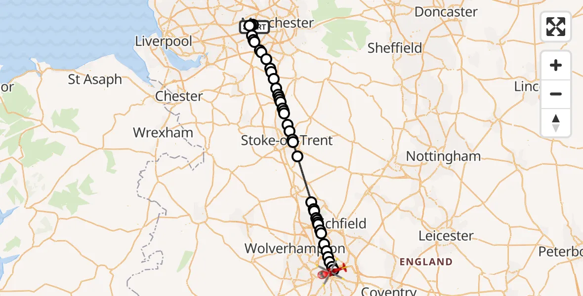 Flight route Air Ambulance Helicopter Manchester Barton Aerodrome - Aston, 06 October 2026, 14:06
