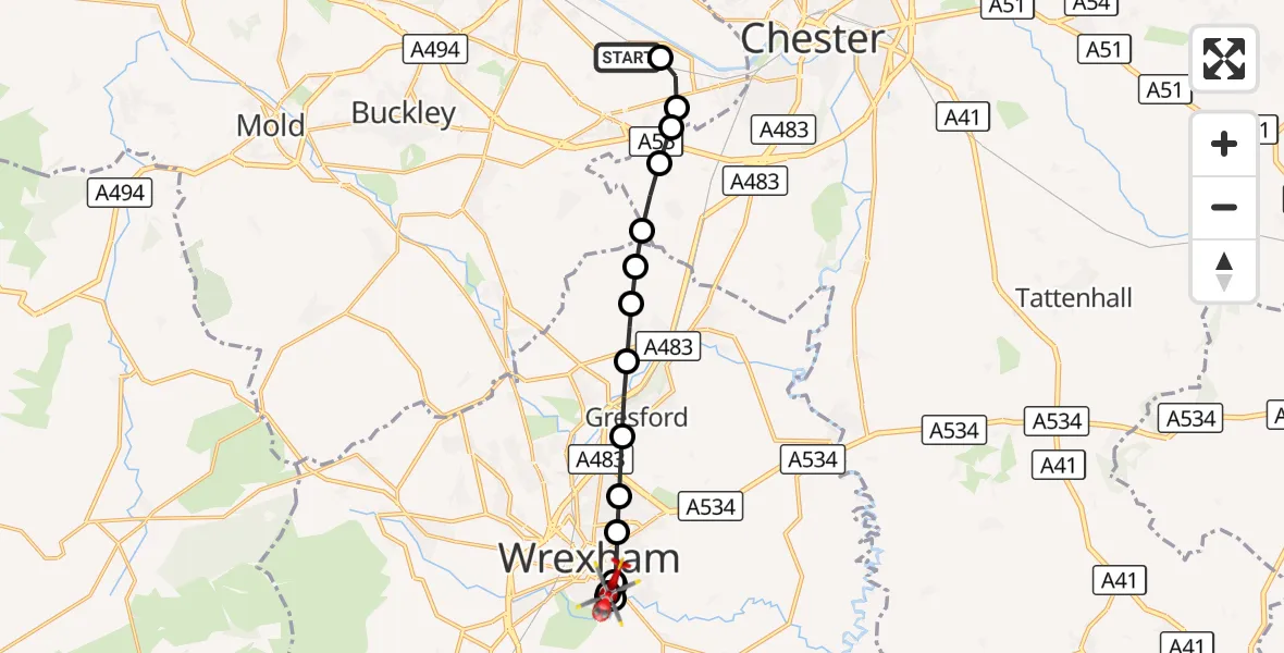 Flight route Air Ambulance Helicopter Hawarden Airport - Caia Park, 06 October 2026, 14:09