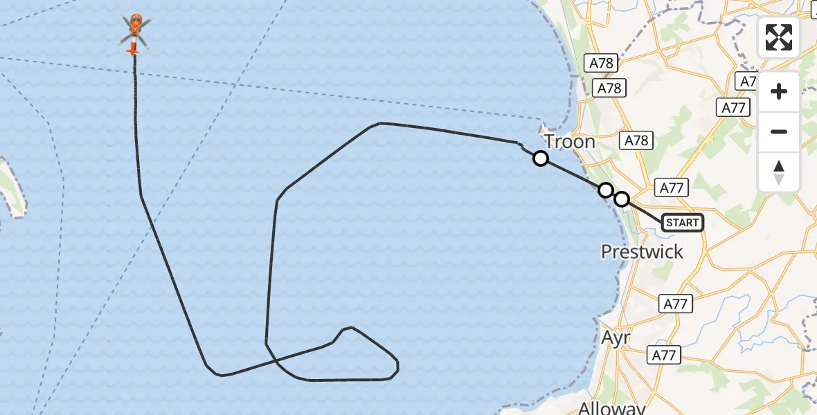 Flight route Coastguard Helicopter Glasgow Prestwick Airport - Inner Seas, 06 October 2026, 14:26