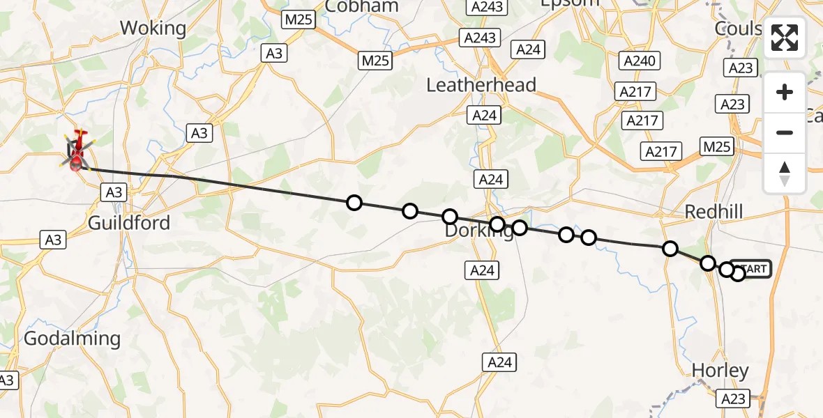 Flight route Air Ambulance Helicopter Redhill Aerodrome - Guildford, 06 October 2026, 14:36