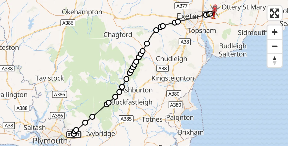 Flight route Air Ambulance Helicopter Colebrook Village - Exeter International Airport, 06 October 2026, 14:36