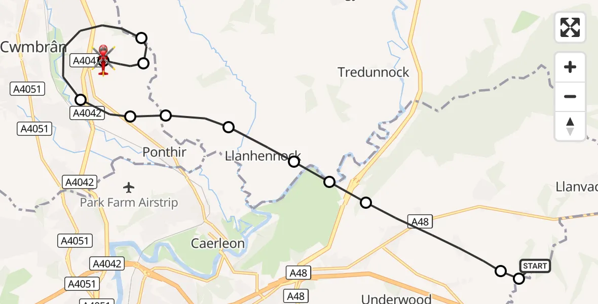 Flight route Air Ambulance Helicopter Parc Seymour - Grange University Hospital Heliport, 06 October 2026, 14:40