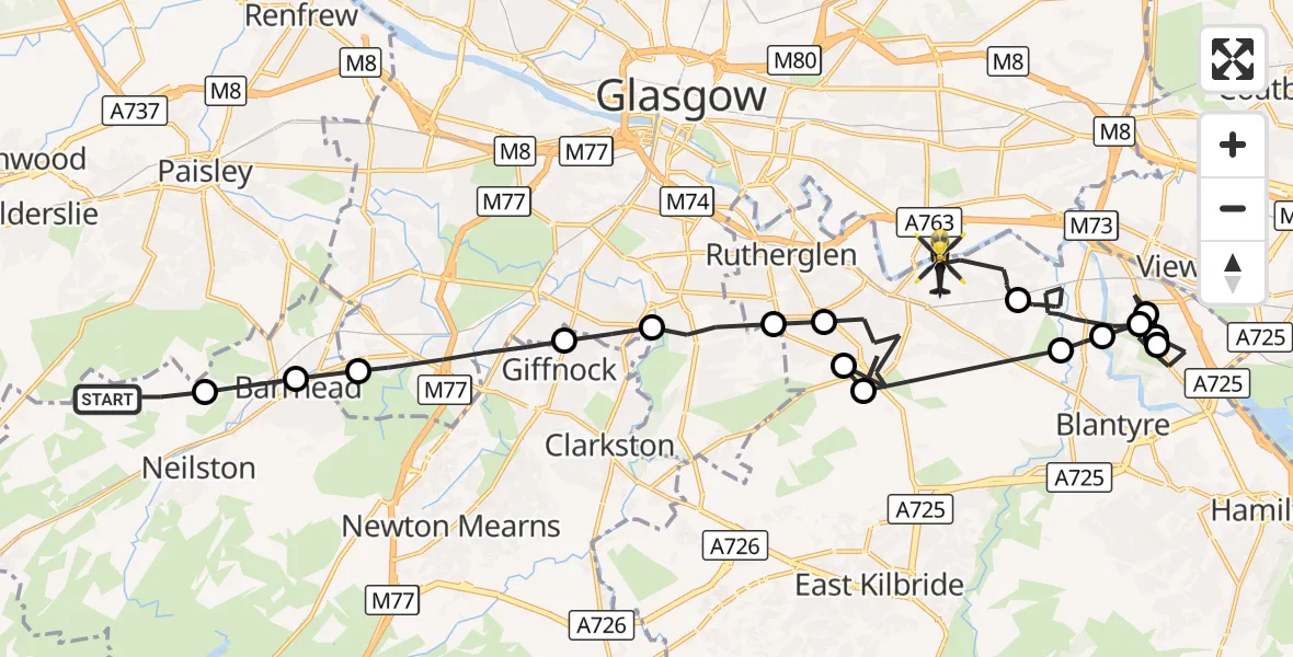 Flight route Police Helicopter Neilston - Cambuslang, 06 October 2026, 14:42