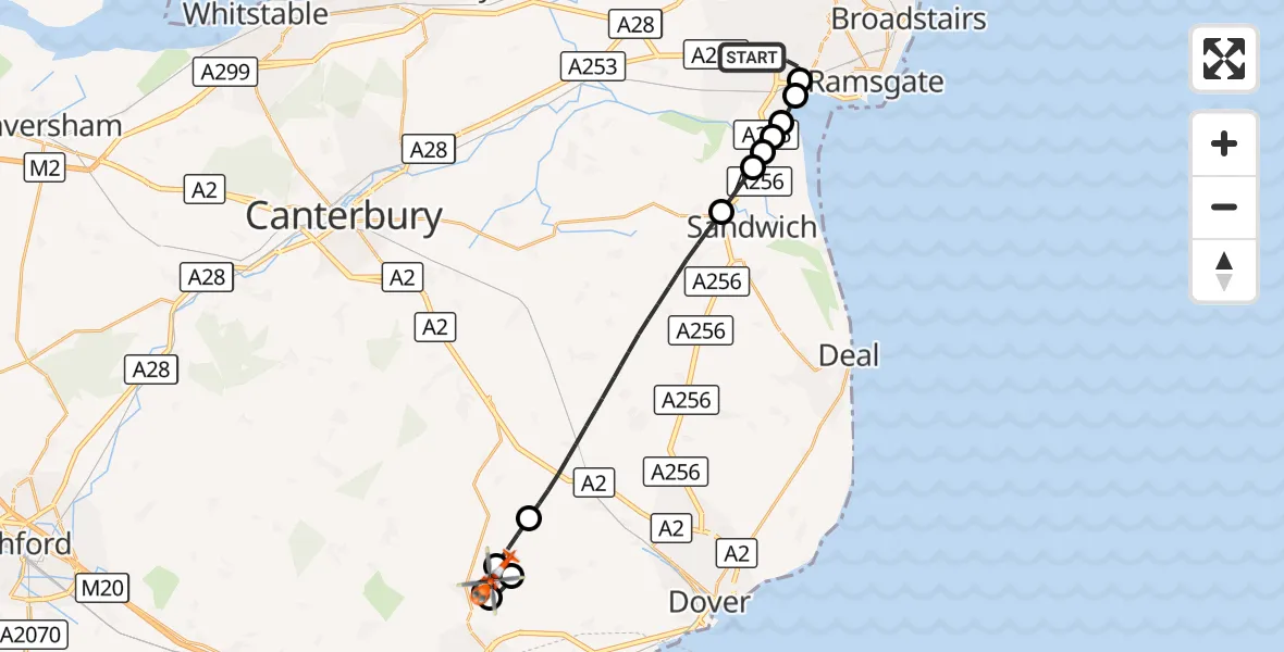Flight route Coastguard Helicopter Manston Airport - Densole, 06 October 2026, 14:42
