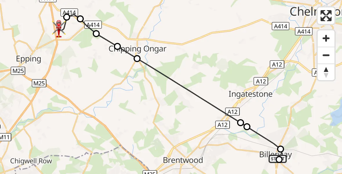 Flight route Air Ambulance Helicopter Billericay - North Weald Airfield, 06 October 2026, 14:44